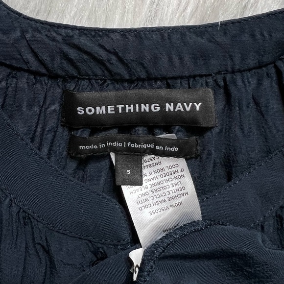 Something Navy Draped Pleated Long Sleeve Navy Blue Buttondown Blouse Top Small - Picture 11 of 12